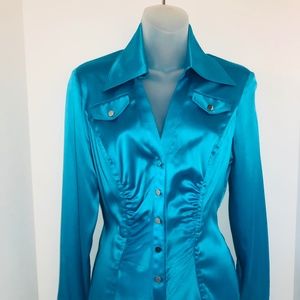 Cache Blue Ruched Notched Collar Blouse